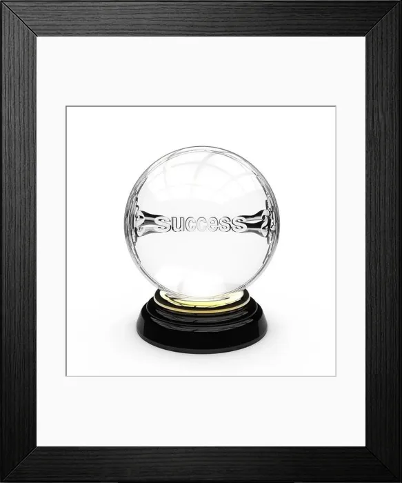 Framed Print : Glass crystal ball with a white coloured word success in the middle mounted on a gold ring