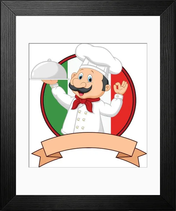 Framed Print : Cartoon funny Italian Chef cartoon holding platter with ok sign Framed Print : Cartoon funny Italian Chef cartoon holding platter with ok sign