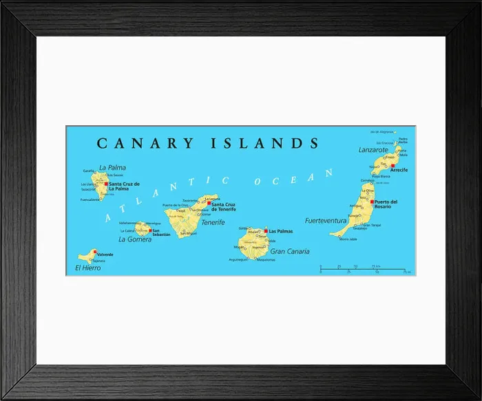 Framed Print : Canary Islands Political Map with Lanzarote, Fuerteventura, Gran Canaria, Tenerife, La Gomera, La Palma and El Hierro Framed Print : Canary Islands Political Map with Lanzarote, Fuerteventura, Gran Canaria, Tenerife, La Gomera, La Palma and El Hierro