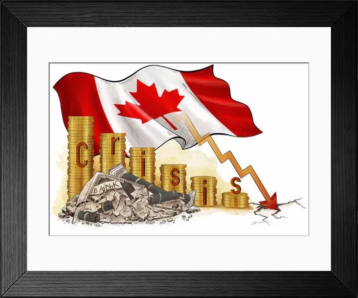 Framed Print : Financial crash in Canada. global economic crisis.Tower coins and flag, near cracked bank, white background Framed Print : Financial crash in Canada. global economic crisis.Tower coins and flag, near cracked bank, white background