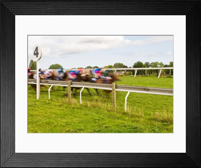 Framed Print : Horses race past the four furlong marker, Beverley, East Yorkshire, England Framed Print : Horses race past the four furlong marker, Beverley, East Yorkshire, England