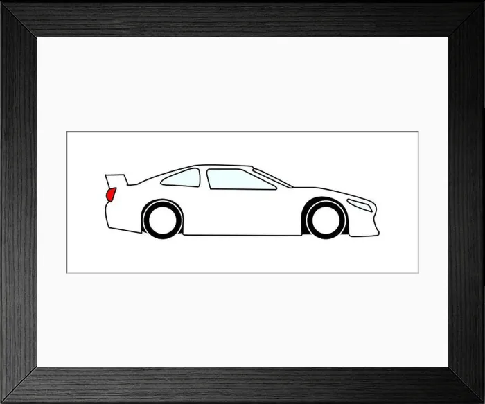 Framed Print : A typical motorsport saloon car in black outline on a white background Framed Print : A typical motorsport saloon car in black outline on a white background