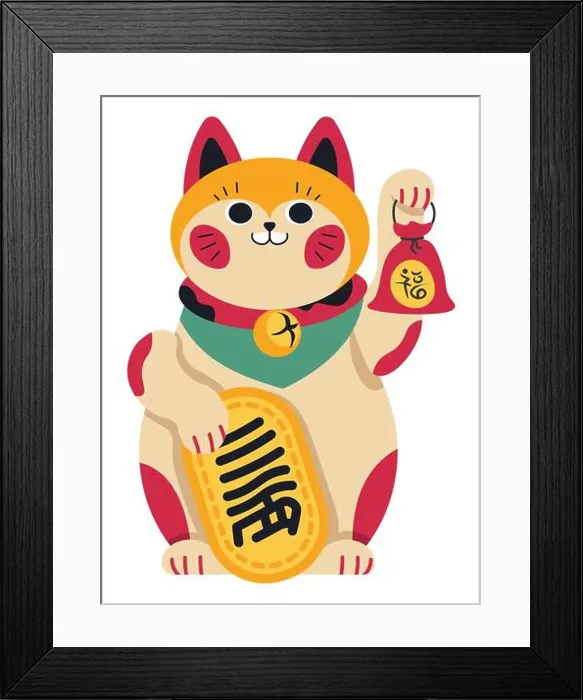 Framed Print : Smiling cat with waving paw, japanese or chinese symbol of luck Framed Print : Smiling cat with waving paw, japanese or chinese symbol of luck