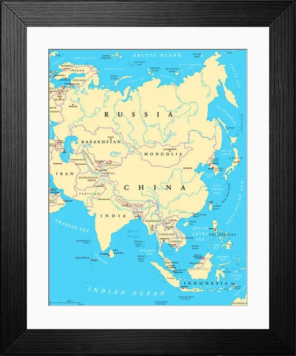 Framed Print : Asia political map with capitals, national borders, rivers and lakes. Largest continent Framed Print : Asia political map with capitals, national borders, rivers and lakes. Largest continent