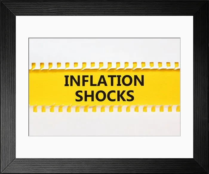 Framed Print : Inflation shocks symbol. Concept words Inflation shocks on yellow and white paper Framed Print : Inflation shocks symbol. Concept words Inflation shocks on yellow and white paper