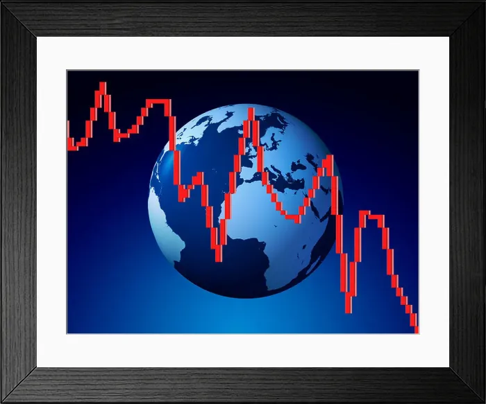 Framed Print : Line chart in front of blue globe - conceptual image suggesting loss in profits Framed Print : Line chart in front of blue globe - conceptual image suggesting loss in profits