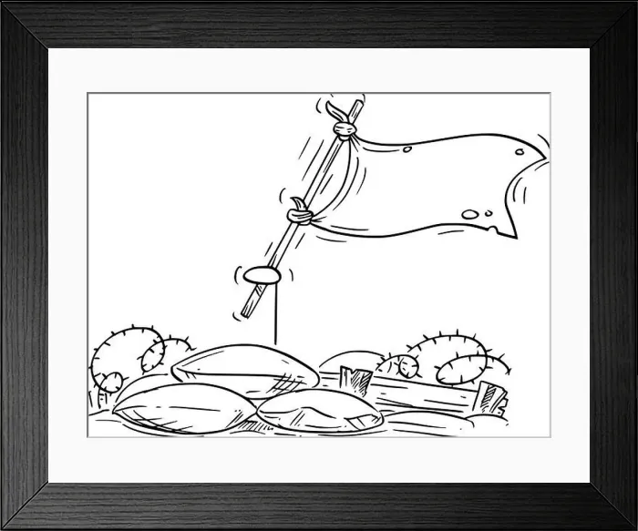 Framed Print : Hand Waving White Flag From War Trench, Surrendering, Peace or Defeat, Vector Cartoon Stick Figure Illustration Framed Print : Hand Waving White Flag From War Trench, Surrendering, Peace or Defeat, Vector Cartoon Stick Figure Illustration