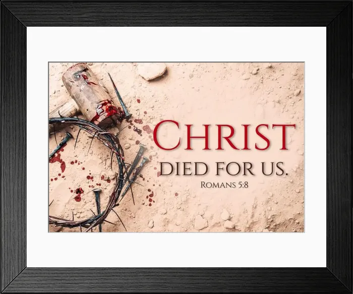 Framed Print : Crown of thorns, hammer, bloody nails on ground Framed Print : Crown of thorns, hammer, bloody nails on ground
