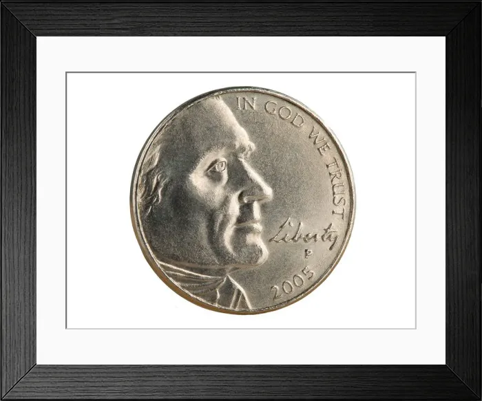 Framed Print : 2005 US nickel coin. The face value of 5 cents is now less than the value of the metals in the coin Framed Print : 2005 US nickel coin. The face value of 5 cents is now less than the value of the metals in the coin