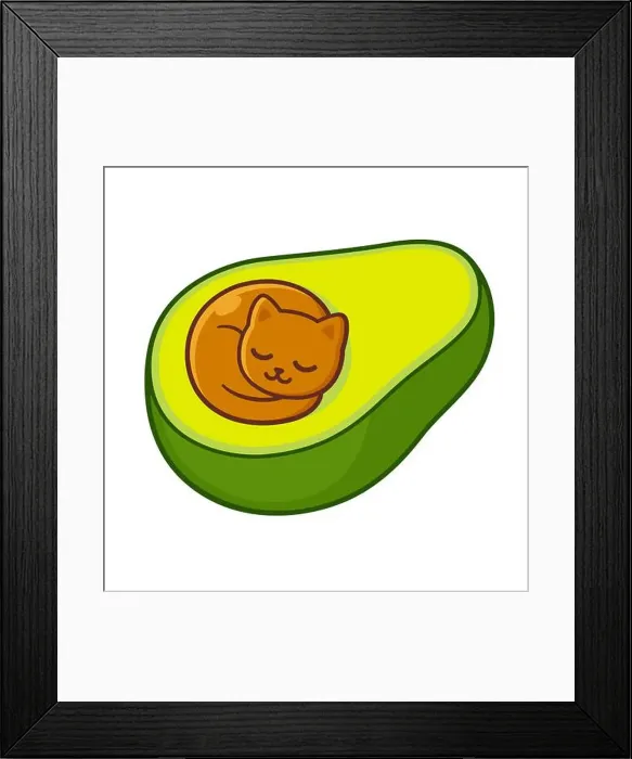 Framed Print : Avocado cat cute cartoon drawing. Kawaii kitten sleeping in avocado. Vector hand drawn doodle, clip art illustration Framed Print : Avocado cat cute cartoon drawing. Kawaii kitten sleeping in avocado. Vector hand drawn doodle, clip art illustration