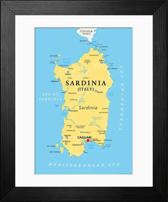 Framed Print : Sardinia, Italian island, political map with capital Cagliari Framed Print : Sardinia, Italian island, political map with capital Cagliari