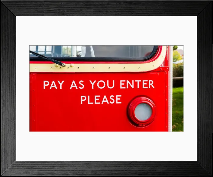 Framed Print : Pay as You Enter Sign, London Double Decker Bus, London, Britain Framed Print : Pay as You Enter Sign, London Double Decker Bus, London, Britain