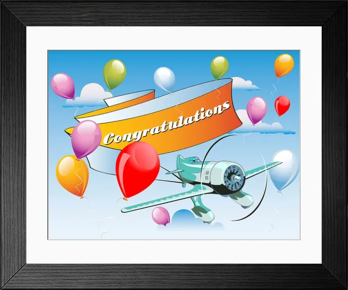 Framed Print : Aircraft with congratulations at tail and balloons in the sky Framed Print : Aircraft with congratulations at tail and balloons in the sky