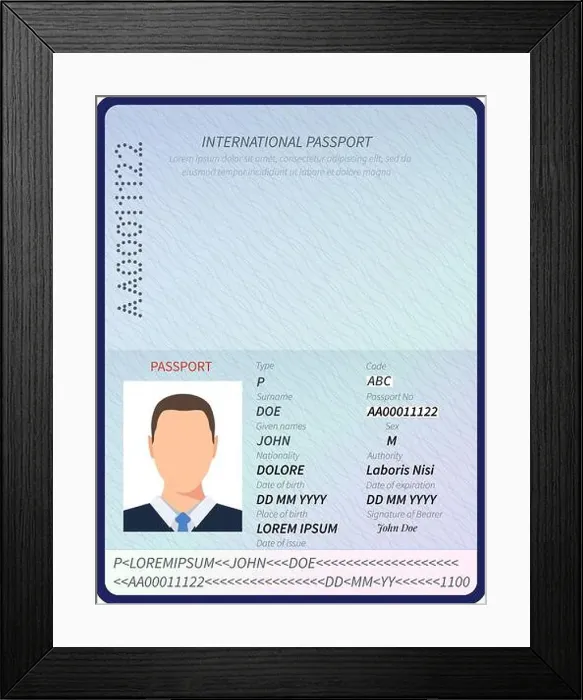 Framed Print : Passport. Open id document with male photo portrait and blank space for immigration visa stamps vector template Framed Print : Passport. Open id document with male photo portrait and blank space for immigration visa stamps vector template