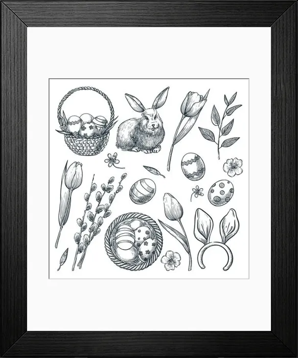 Framed Print : Easter eggs, basket, rabbit, willow and tulips flowers. Vector sketch illustration. Spring holiday design elements set Framed Print : Easter eggs, basket, rabbit, willow and tulips flowers. Vector sketch illustration. Spring holiday design elements set