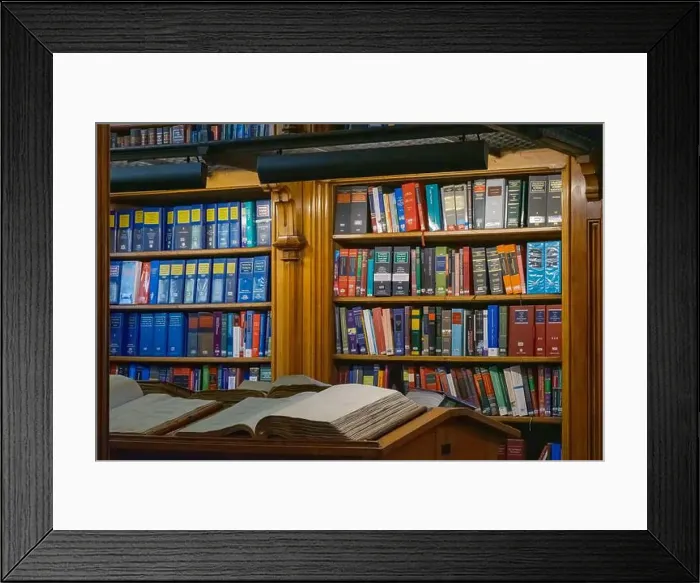 Framed Print : Open books on wooden desks and bookshelves in Lincoln's Inn Library London, England Framed Print : Open books on wooden desks and bookshelves in Lincoln's Inn Library London, England