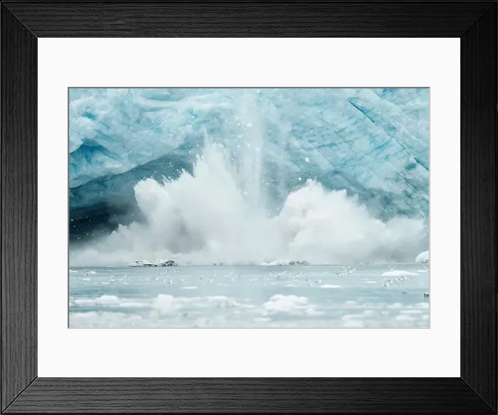 Framed Print : Glacier Calving with Ice Breaking Into Ocean and Water Splashing Framed Print : Glacier Calving with Ice Breaking Into Ocean and Water Splashing