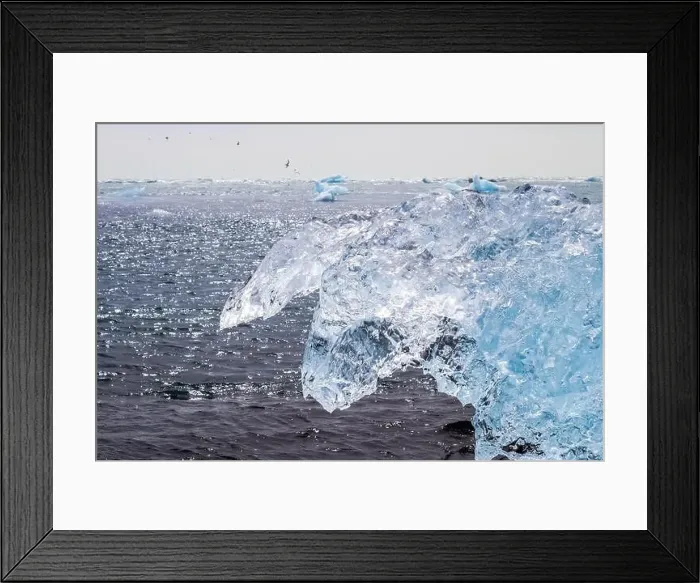 Framed Print : Ice floe melting in Jokulsarlon glacier lagoon in Iceland, with other icebergs and birds flying in the background Framed Print : Ice floe melting in Jokulsarlon glacier lagoon in Iceland, with other icebergs and birds flying in the background