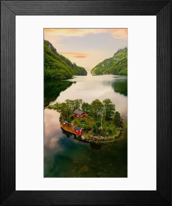 Framed Print : Serene Island Retreat nestled in Norways stunning and breathtaking fjords, captured in a drone view Framed Print : Serene Island Retreat nestled in Norways stunning and breathtaking fjords, captured in a drone view