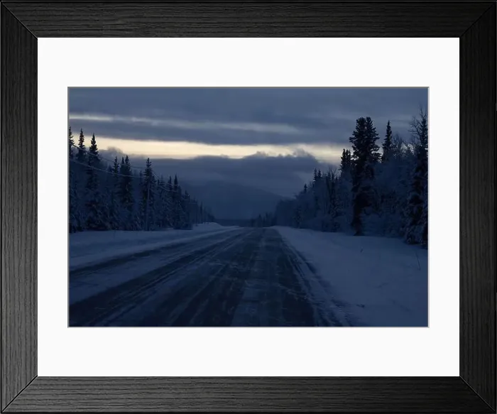 Framed Print : Snowy trees next to Alaskan Highway on a dark winter morning in interior Alaska Framed Print : Snowy trees next to Alaskan Highway on a dark winter morning in interior Alaska