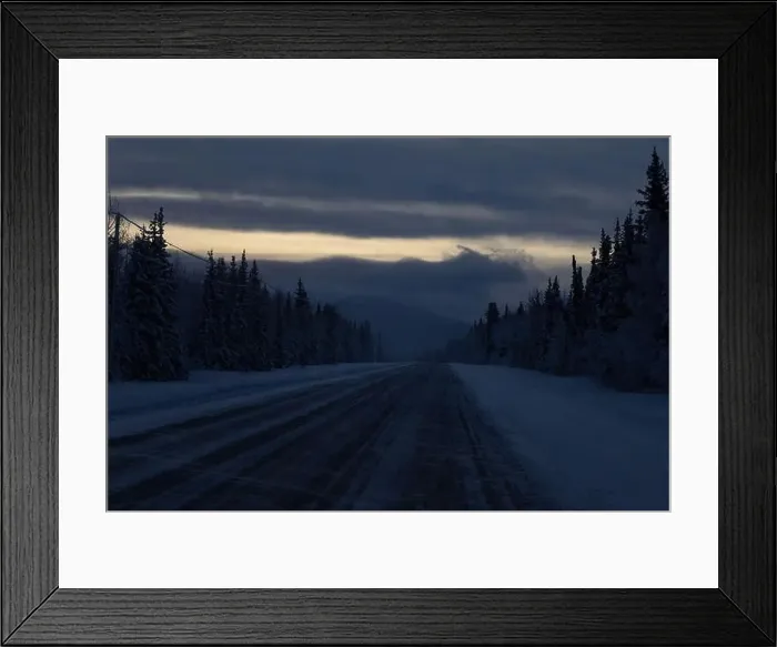 Framed Print : Fog covering mountain behind Richardson Highway on a dark winter morning in interior Alaska Framed Print : Fog covering mountain behind Richardson Highway on a dark winter morning in interior Alaska