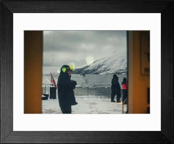 Framed Print : View out the back window of boat on the arctic ocean in the Lyngen Alps, Norway Framed Print : View out the back window of boat on the arctic ocean in the Lyngen Alps, Norway