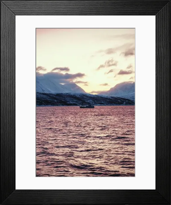 Framed Print : Boat on the arctic ocean in winter at golden hour in northern Norway Framed Print : Boat on the arctic ocean in winter at golden hour in northern Norway