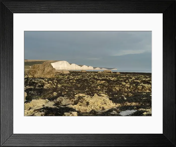 Framed Print : The Seven Sisters cliffs, East Sussex, UK. Low tide reveals rocky shoreline covered in seaweed. Coastal scenery