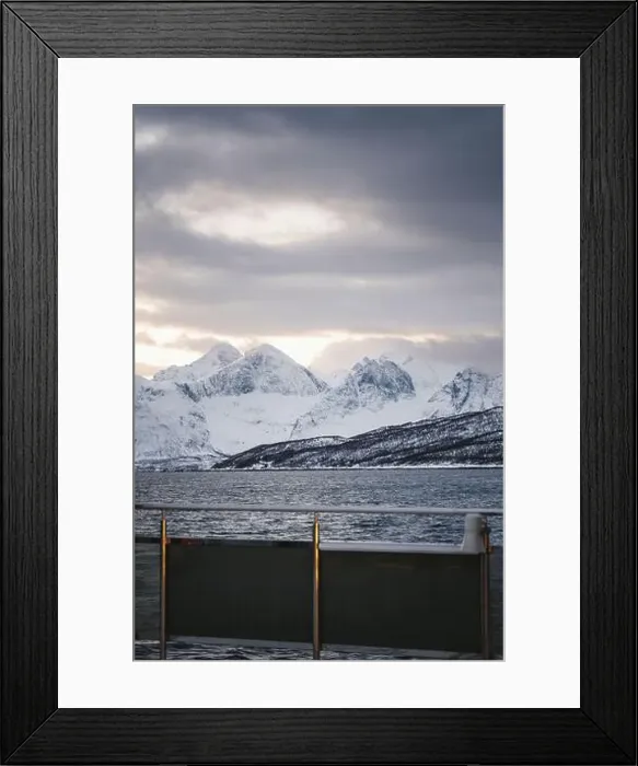 Framed Print : Norway Lyngen Alps snowy mountain view from boat Framed Print : Norway Lyngen Alps snowy mountain view from boat