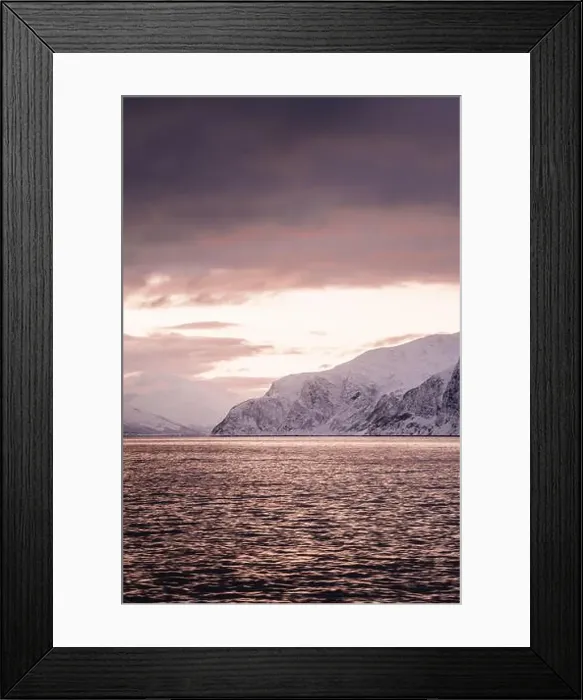Framed Print : Pink sky sunset over the Lyngen Alps and arctic ocean in northern Norway Framed Print : Pink sky sunset over the Lyngen Alps and arctic ocean in northern Norway