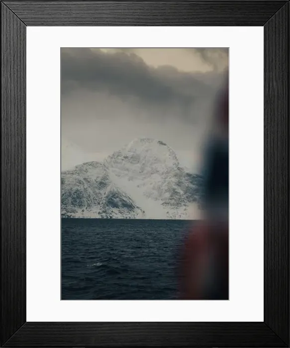 Framed Print : Snowy mountain behind Norwegian flag in the arctic Lyngen Alps Framed Print : Snowy mountain behind Norwegian flag in the arctic Lyngen Alps