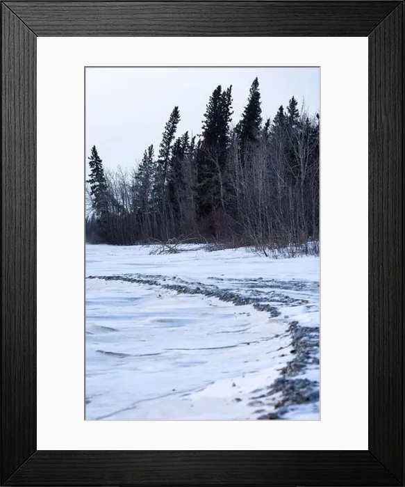 Framed Print : Edge of a frozen river covered in snow witb trees in the background on a cloudy winter day in interior Alaska