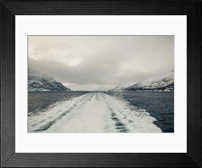 Framed Print : Boat trail on arctic fjord in the Lyngen Alps in northern Norway on overcast day