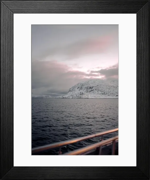 Framed Print : Pink sky over Lyngen Alps mountains by arctic ocean in winter, northern Norway Framed Print : Pink sky over Lyngen Alps mountains by arctic ocean in winter, northern Norway