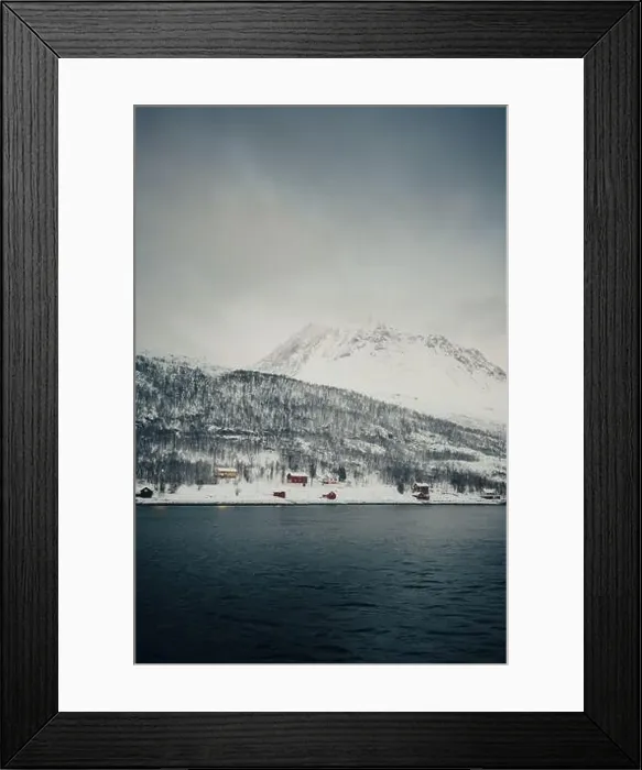 Framed Print : Cabins by the arctic ocean in the snowy Lyngen Alps in winter in Norway Framed Print : Cabins by the arctic ocean in the snowy Lyngen Alps in winter in Norway