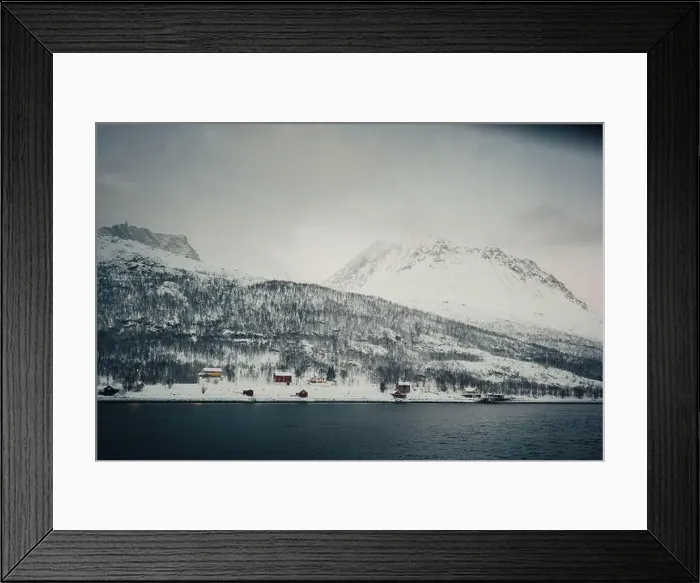Framed Print : Cabins in the snow in winter in the Lyngen Alps, northern Norway Framed Print : Cabins in the snow in winter in the Lyngen Alps, northern Norway