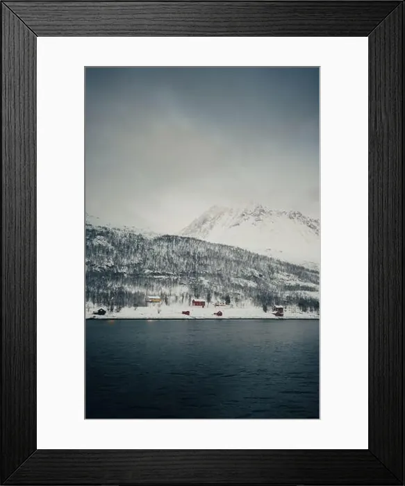 Framed Print : Colourful cabins on the snowy bank by the arctic ocean in Norway Lyngen Alps Framed Print : Colourful cabins on the snowy bank by the arctic ocean in Norway Lyngen Alps