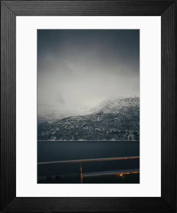 Framed Print : Foggy clouds over snowy Lyngen Alps mountains in the arctic Framed Print : Foggy clouds over snowy Lyngen Alps mountains in the arctic