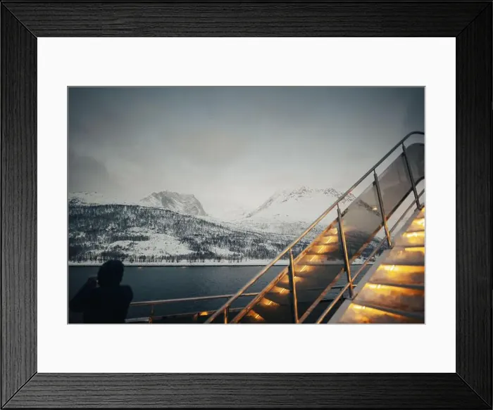 Framed Print : Boat stairs in front of view of the snowy Lyngen Alps in northern Norway Framed Print : Boat stairs in front of view of the snowy Lyngen Alps in northern Norway