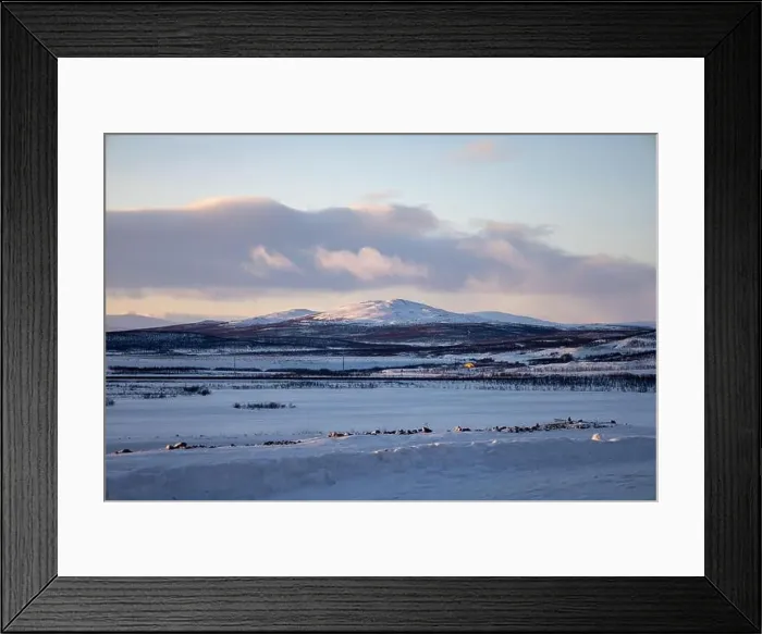 Framed Print : Panoramic mountain view in Kiruna, Swedish Lapland. Tundra landscape with dramatic January sky Framed Print : Panoramic mountain view in Kiruna, Swedish Lapland. Tundra landscape with dramatic January sky