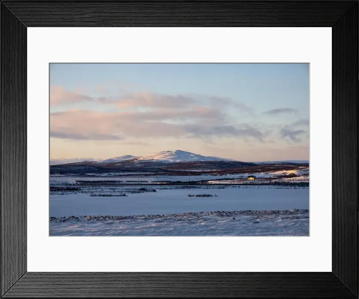 Framed Print : Panoramic mountain view in Kiruna, Swedish Lapland. Tundra landscape with dramatic January sky Framed Print : Panoramic mountain view in Kiruna, Swedish Lapland. Tundra landscape with dramatic January sky