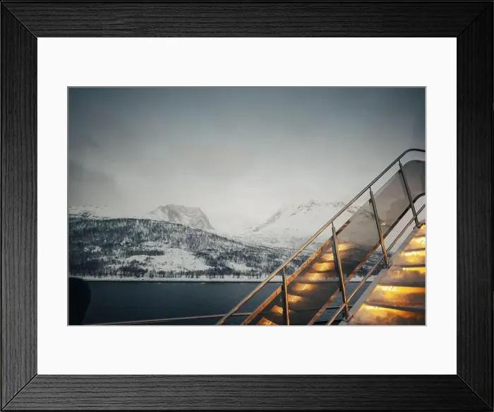 Framed Print : Boat stairs in front of Lyngen Alps mountain view in Troms, Norway Framed Print : Boat stairs in front of Lyngen Alps mountain view in Troms, Norway