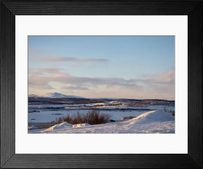 Framed Print : Panoramic mountain view in Kiruna, Swedish Lapland. Tundra landscape with dramatic January sky Framed Print : Panoramic mountain view in Kiruna, Swedish Lapland. Tundra landscape with dramatic January sky
