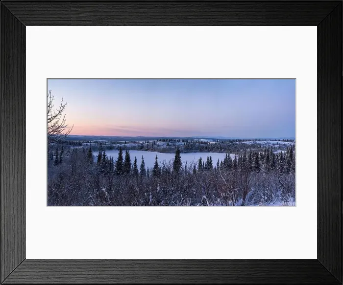 Framed Print : Icy, snowy lake surrounded by snowy trees under pink sky on a winter evening near Delta Junction, Alaska Framed Print : Icy, snowy lake surrounded by snowy trees under pink sky on a winter evening near Delta Junction, Alaska