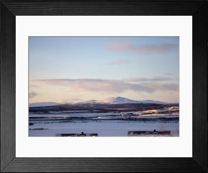Framed Print : Panoramic mountain view in Kiruna, Swedish Lapland. Tundra landscape with dramatic January sky Framed Print : Panoramic mountain view in Kiruna, Swedish Lapland. Tundra landscape with dramatic January sky