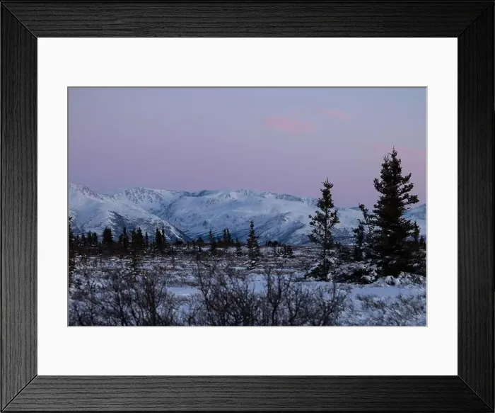 Framed Print : Pink sky over snowy mountain on a winter day near Delta Junction, Alaska Framed Print : Pink sky over snowy mountain on a winter day near Delta Junction, Alaska