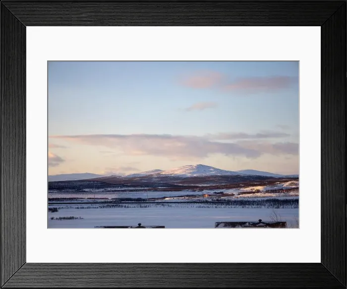 Framed Print : Panoramic mountain view in Kiruna, Swedish Lapland. Tundra landscape with dramatic January sky Framed Print : Panoramic mountain view in Kiruna, Swedish Lapland. Tundra landscape with dramatic January sky