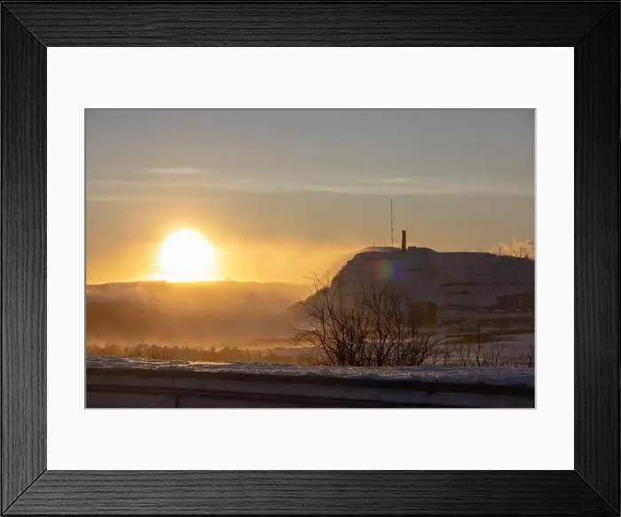Framed Print : Panoramic mountain view in Kiruna, Swedish Lapland. Tundra landscape with dramatic January sky Framed Print : Panoramic mountain view in Kiruna, Swedish Lapland. Tundra landscape with dramatic January sky
