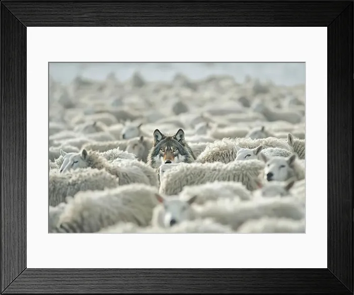 Framed Print : A wolf pretending to be a sheep, in a flock of sheep. Concept of danger and tension, confrontation and mismatch Framed Print : A wolf pretending to be a sheep, in a flock of sheep. Concept of danger and tension, confrontation and mismatch