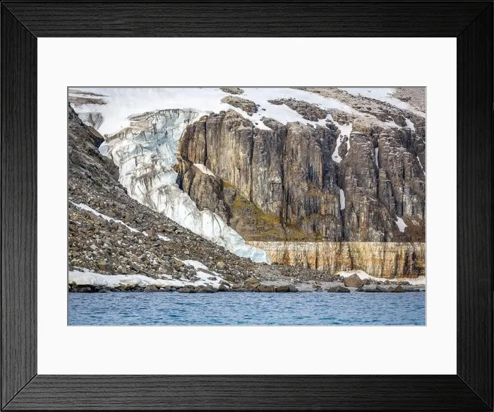 Framed Print : rocks waterfall small iceberg and glacier at the Alkefjellet between Spitsbergen and Nordaustlandet on Svalbard, Norway Framed Print : rocks waterfall small iceberg and glacier at the Alkefjellet between Spitsbergen and Nordaustlandet on Svalbard, Norway